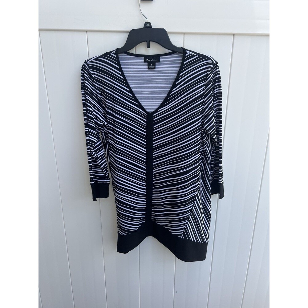 Nue Options Blouse Top Size Small Black White 3/4 Sleeve Stretchy Tunic